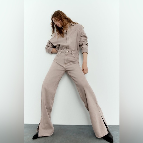 Zara Taupe Denim Flare Leg Split Hem Jumpsuit Overalls Coveralls Blogger Fav - Picture 3 of 13